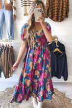 Load image into Gallery viewer, Dark Blue Square Neck Bubble Sleeve Ruffled Floral Dress