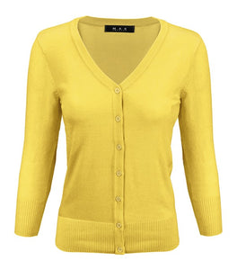 V-Neck Button Down Knit Cardigan Sweater 3/4 Sleeve