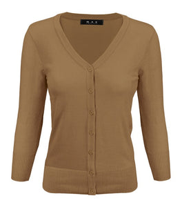 V-Neck Button Down Knit Cardigan Sweater 3/4 Sleeve