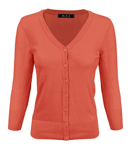V-Neck Button Down Knit Cardigan Sweater 3/4 Sleeve