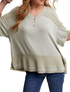 Soft Henley Top with Waffle Knit Design Detail