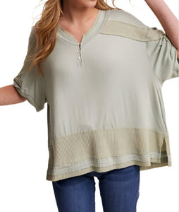 Soft Henley Top with Waffle Knit Design Detail