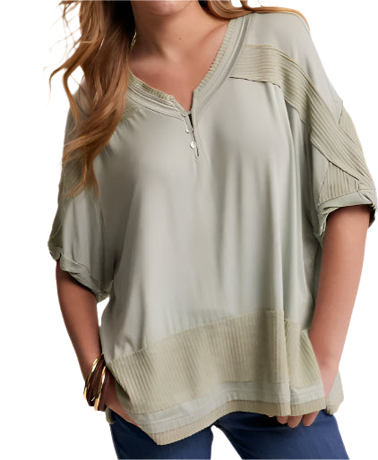 Soft Henley Top with Waffle Knit Design Detail