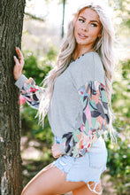Load image into Gallery viewer, Gray Floral Lantern Sleeve Patchwork Buttoned V Neck Top