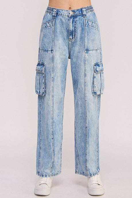 PLUS SIZE HIGH WAIST BAGGY DENIM CARGO ANKLE LENGTH JOGGER STYLE TROUSERS