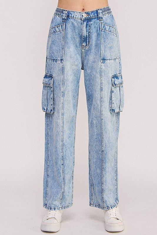 PLUS SIZE HIGH WAIST BAGGY DENIM CARGO ANKLE LENGTH JOGGER STYLE TROUSERS