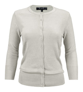 Crewneck Button Down Knit Cardigan Sweater 3/4 Sleeves