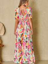 Load image into Gallery viewer, Slit Printed Surplice Short Sleeve Maxi Dress