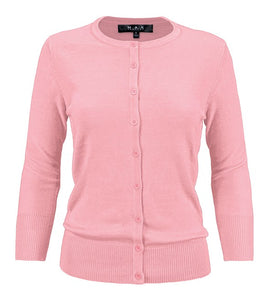 Crewneck Button Down Knit Cardigan Sweater 3/4 Sleeves