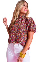 Load image into Gallery viewer, Purple Floral Print Knotted High Neck Puff Sleeve Blouse