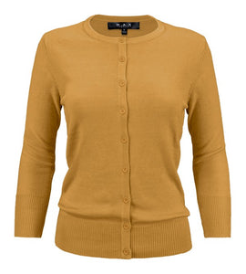 Crewneck Button Down Knit Cardigan Sweater 3/4 Sleeves