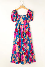 Load image into Gallery viewer, Dark Blue Square Neck Bubble Sleeve Ruffled Floral Dress