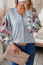 Load image into Gallery viewer, Gray Floral Lantern Sleeve Patchwork Buttoned V Neck Top