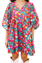 Load image into Gallery viewer, Sky Blue Floral Print Tie Split Neck Bubble Sleeve Babydoll Dress
