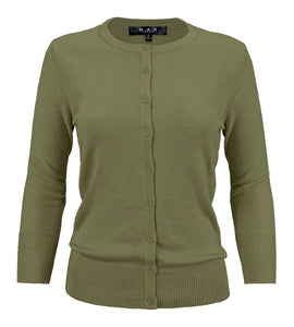 Crewneck Button Down Knit Cardigan Sweater 3/4 Sleeves