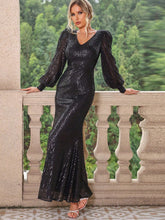 Load image into Gallery viewer, Sequin V-Neck Lantern Sleeve Maxi Dress