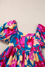 Load image into Gallery viewer, Dark Blue Square Neck Bubble Sleeve Ruffled Floral Dress