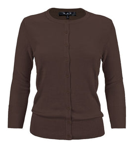Crewneck Button Down Knit Cardigan Sweater 3/4 Sleeves