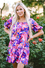 Load image into Gallery viewer, Purple Flower Print Short Puff Sleeve Ruffled Dress