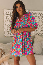 Load image into Gallery viewer, Sky Blue Floral Print Tie Split Neck Bubble Sleeve Babydoll Dress