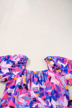 Load image into Gallery viewer, Purple Flower Print Short Puff Sleeve Ruffled Dress