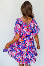 Load image into Gallery viewer, Purple Flower Print Short Puff Sleeve Ruffled Dress