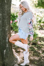 Load image into Gallery viewer, Gray Floral Lantern Sleeve Patchwork Buttoned V Neck Top