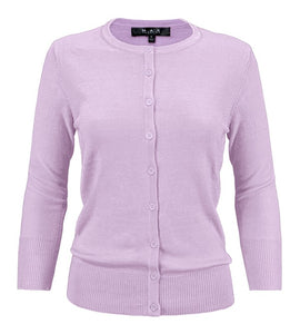 Crewneck Button Down Knit Cardigan Sweater 3/4 Sleeves