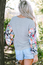 Load image into Gallery viewer, Gray Floral Lantern Sleeve Patchwork Buttoned V Neck Top