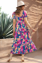 Load image into Gallery viewer, Dark Blue Square Neck Bubble Sleeve Ruffled Floral Dress