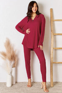 2 PC Notched Long Sleeve Top and Pants Set