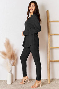 2 PC Notched Long Sleeve Top and Pants Set