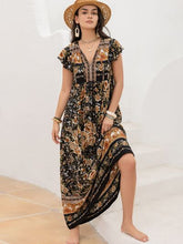 Load image into Gallery viewer, Ruffled Printed Tie Neck Cap Sleeve Dress