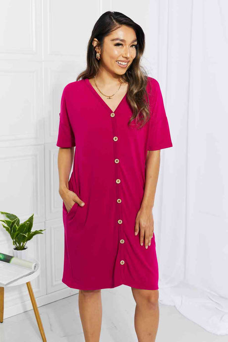 Brunch Button Down Knee-Length Dress in Magenta