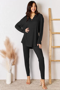 2 PC Notched Long Sleeve Top and Pants Set