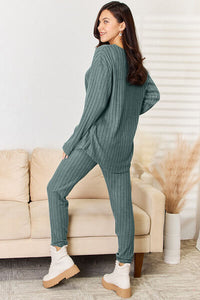2 PC Notched Long Sleeve Top and Pants Set