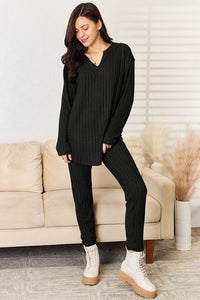 2 PC Notched Long Sleeve Top and Pants Set