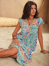 Load image into Gallery viewer, Ruffled Printed Tie Neck Cap Sleeve Dress