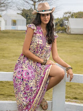 Load image into Gallery viewer, Ruffled Printed Tie Neck Cap Sleeve Dress